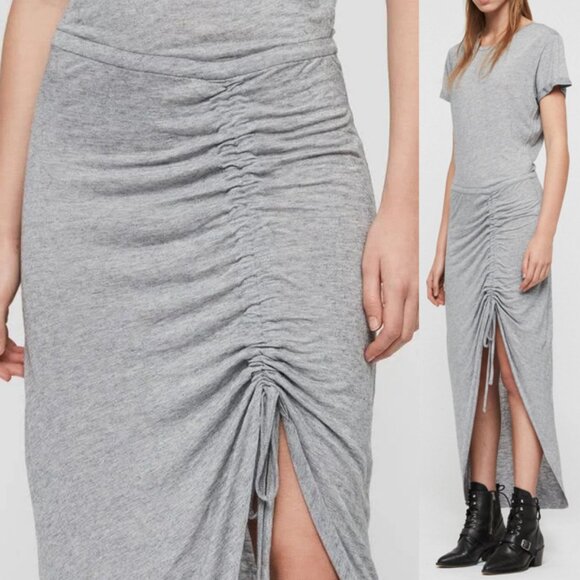 AllSaints Filor Maxi Drawstring Dress Modal Wool Blend Marled Gray Size M $120 - Picture 2 of 16
